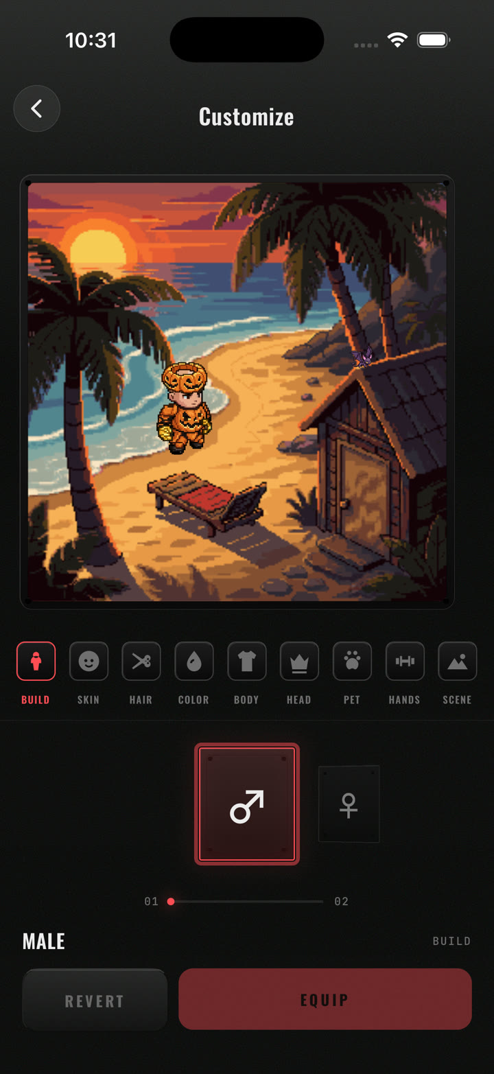 Customize: the scene preview, tabs for build, skin, hair, color, body, head, pet, hands and scene, and Revert / Equip