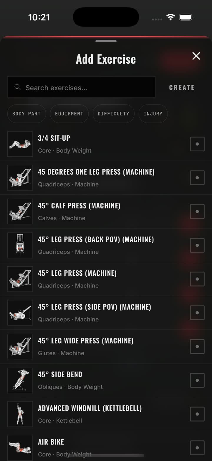 Add Exercise: search, four filter chips, and an illustrated list