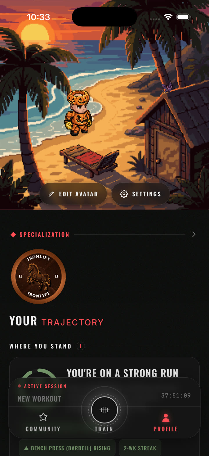 Profile: your lifter in the Pumpkin King set on a beach scene, Edit Avatar and Settings, the specialization badge and Your Trajectory