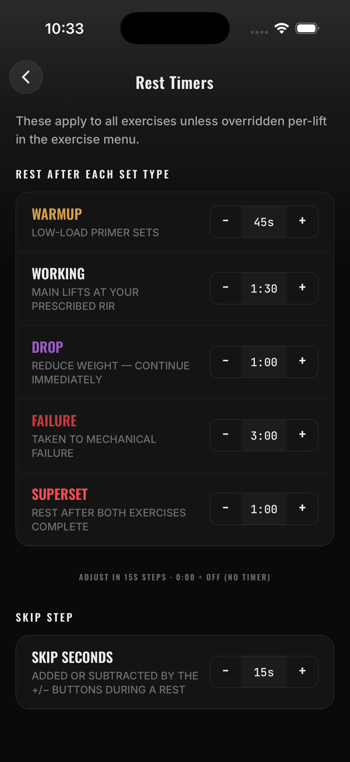 Rest Timers settings: one default per set type