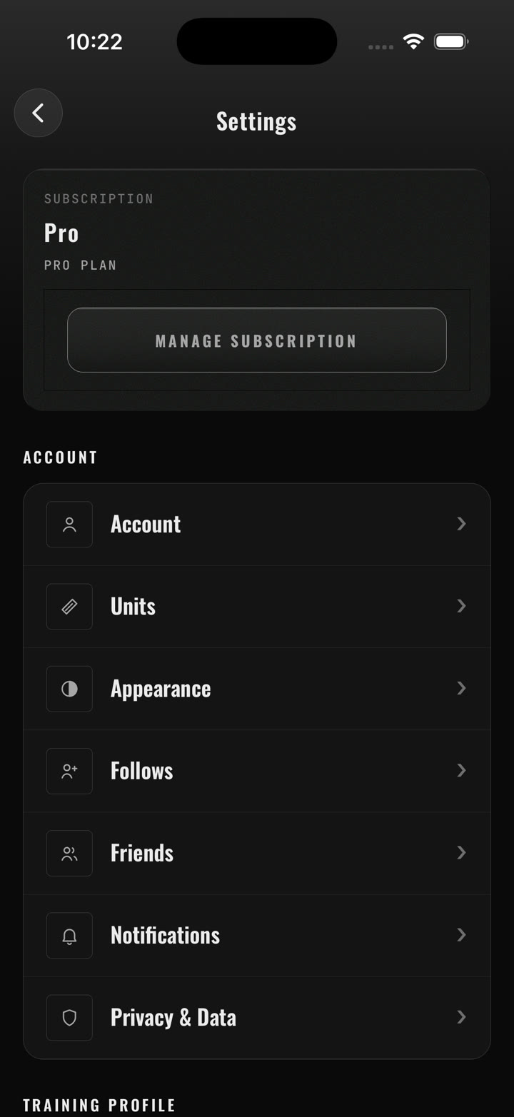 Settings: subscription, account, units, appearance, follows, friends, notifications, privacy and data
