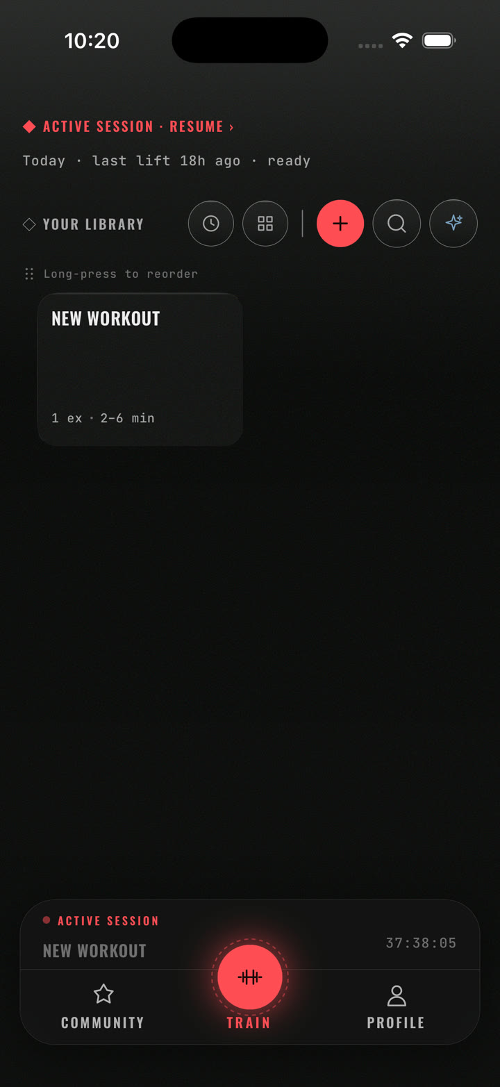 Train tab: an active session ready to resume, your library of workouts, and the toolbar for history, browse, new, search and coach